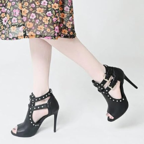 XYD Black Studs Peep Toe High Heels Buckled Double Straps Cutout Ankle Bootie - Picture 1 of 8